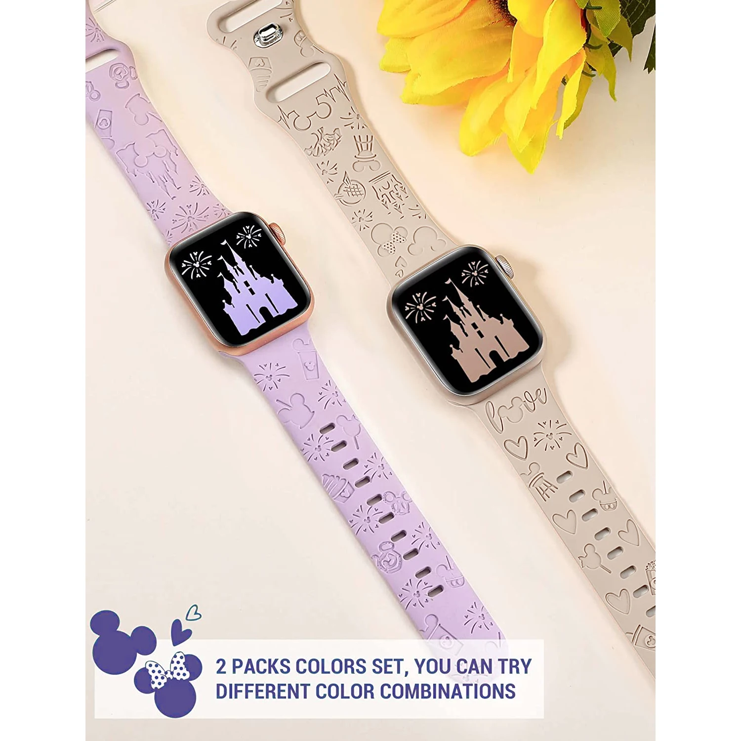 Silicone Bracelet For Mickey Disney Engraved Floral Band For Apple Watch 41mm 40mm 38mm Cute iWatch Series 9/8/7/6/5/4/3/2/SE