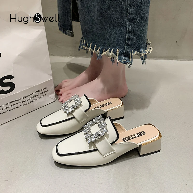 Luxury Crystal Mules Woman Closed Toe Slip-on Heel Sandals Ladies Contrast Design Outdoor Slides with Rhinestone Square Buckle