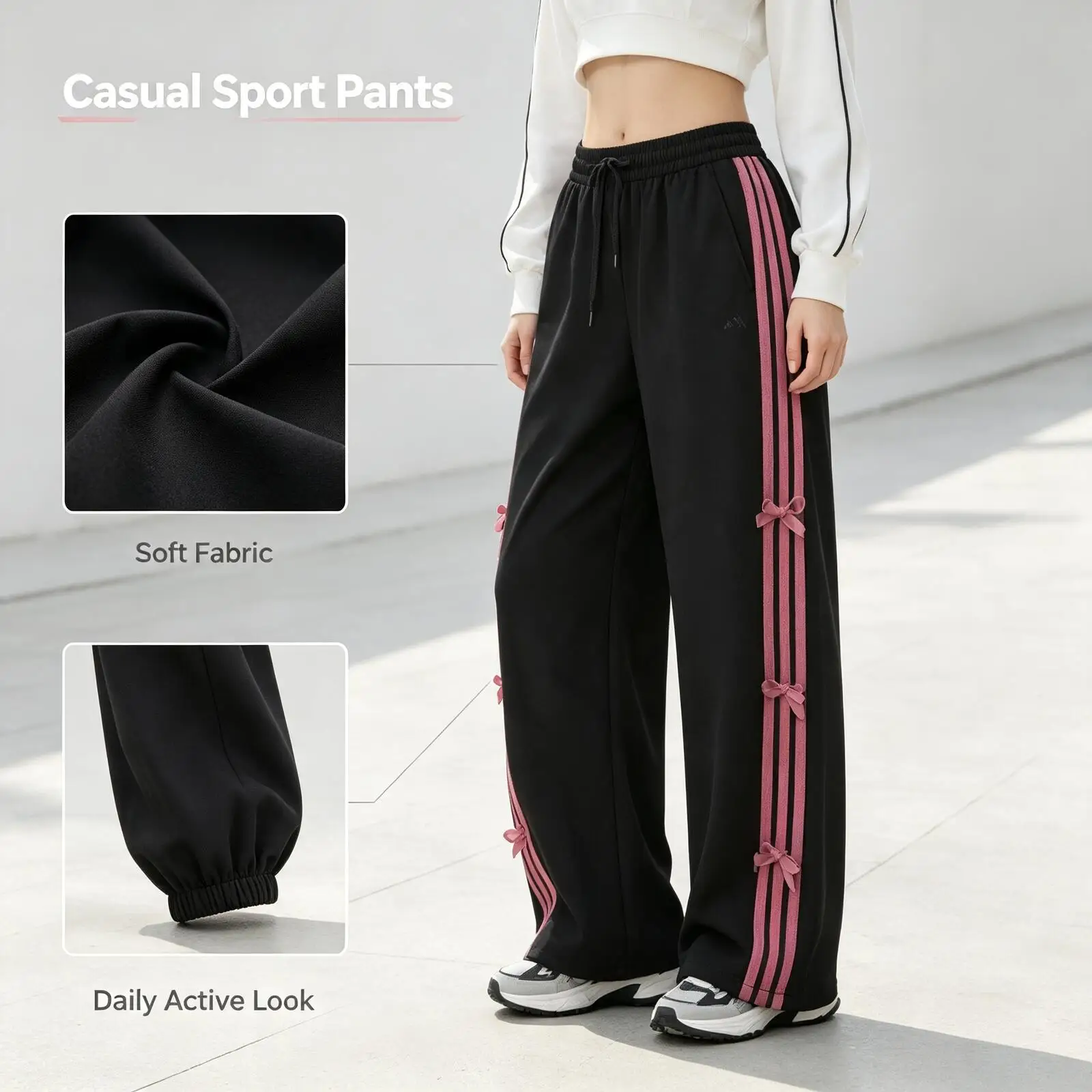Adidas Women's Sports Black Track Pants Women Side Stripe Soft Fabric Relaxed Straight Fit Casual Active Sport Pants Kr7598