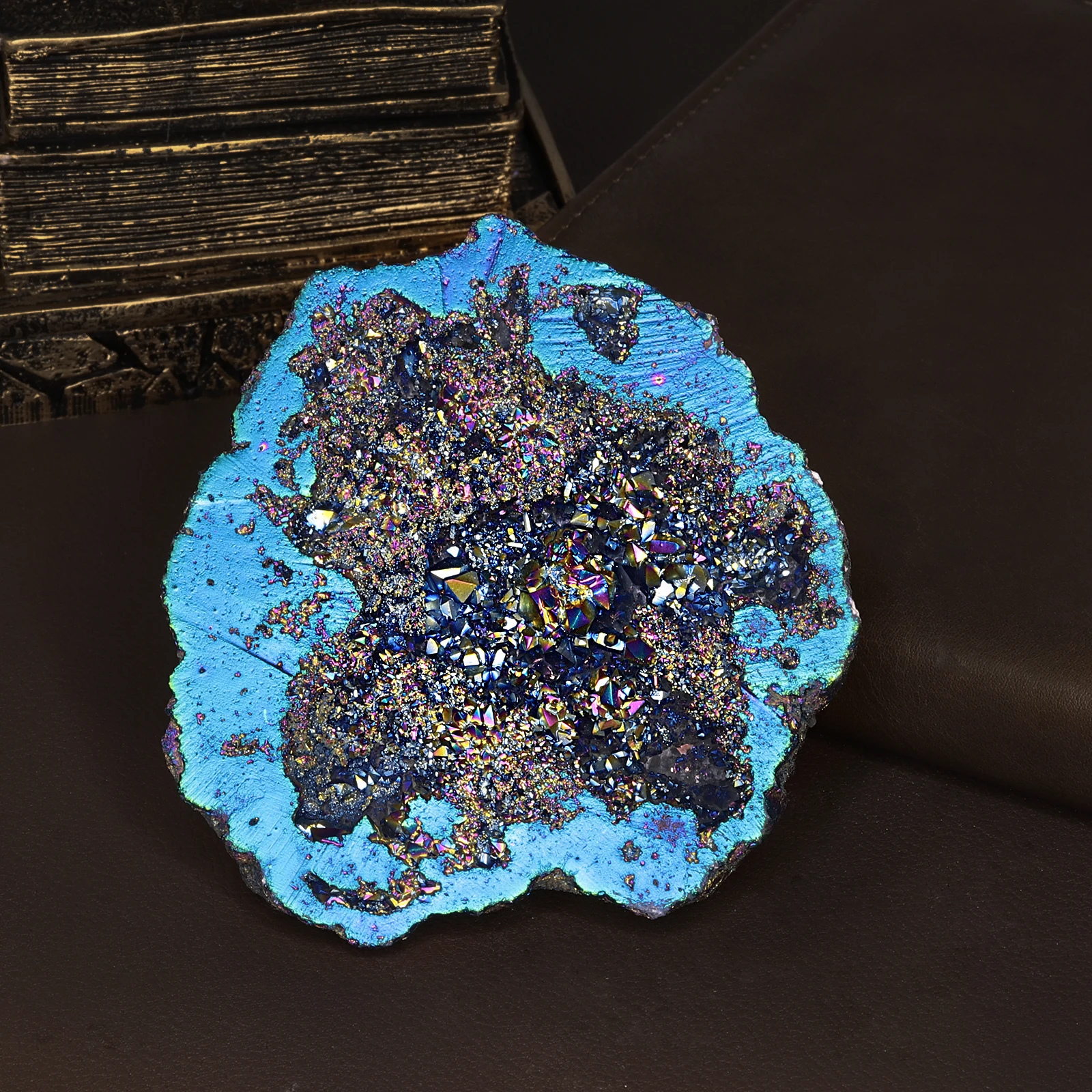 TUMBEELLUWA Angel Aura Quartz Geode Stone Titanium Coated Natural Rock Quartz Cluster Specimen For Yoga Meditation Home Decor