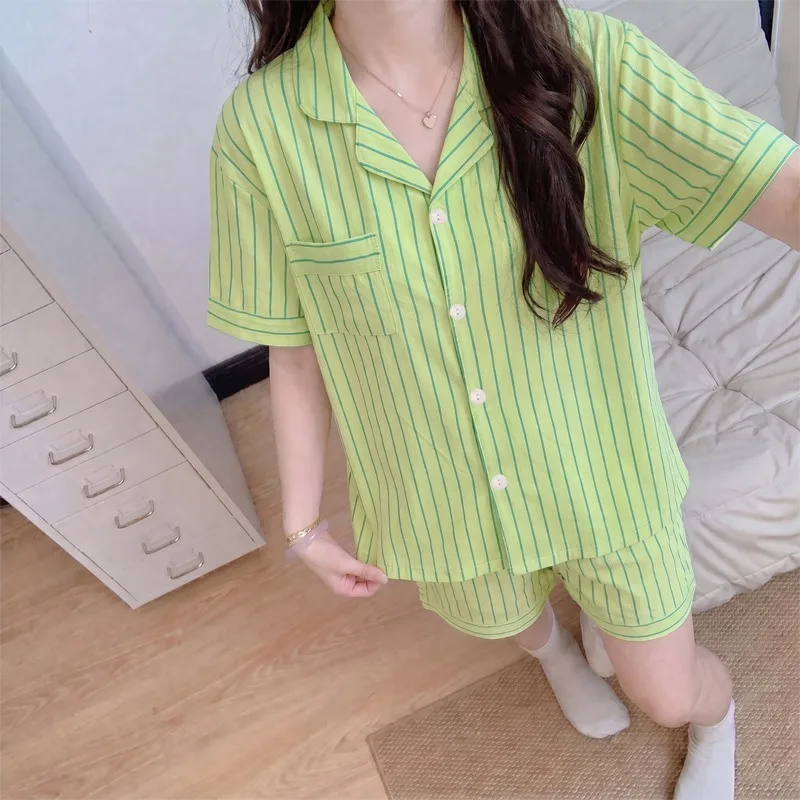 Women Striped Pajama Set Light Green Lapel Short Sleeve 2 Piece Sleepwear Suit Fashion Soft Summer 2026 Casual Homewear Simple