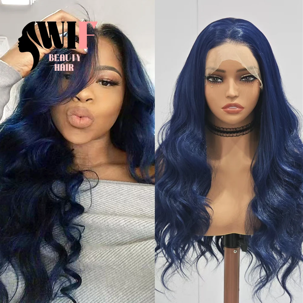 

WIF Темно-синий парик Синий объемная волна Синтетические волосы Парик шнурка Длинная волна Термоволокно Кружева Фронтальные парики Женщины Ежедневная макияж Использование синих волос