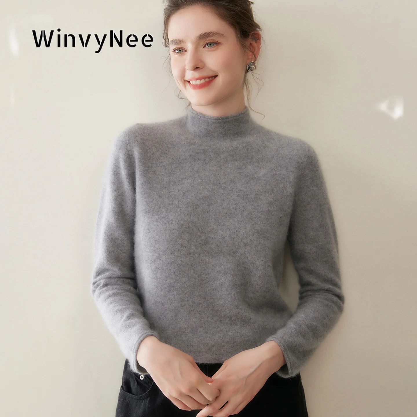 WinvyNee Women Solid Color Wool Cashmere Jumper Seamless Rolled Mock Neck Knitwear Casual Fashion Top Autumn Winter A1054047