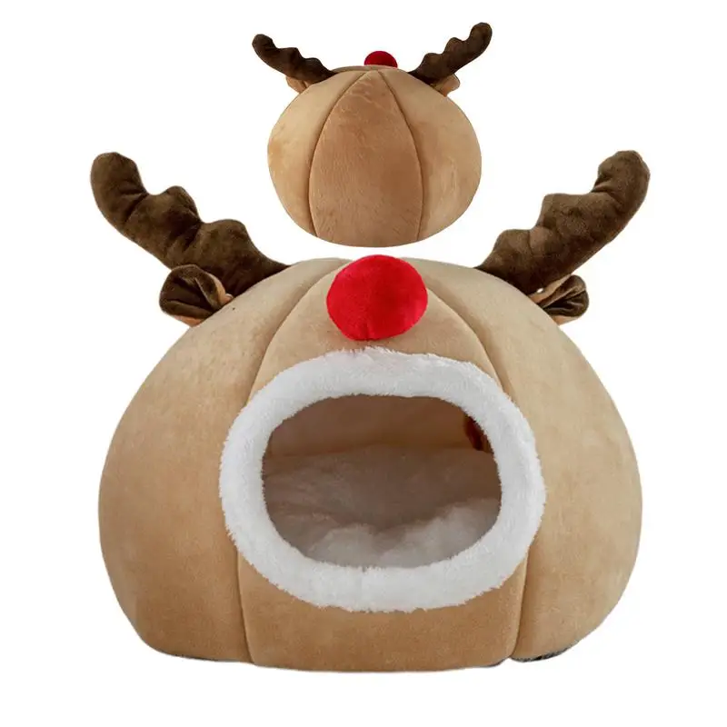 Christmas Reindeer Dog Nest With Soft Cushion Semi-Enclosed Cat House Bed Winter Warm Pet Cave Supplies For Puppy And Dogs
