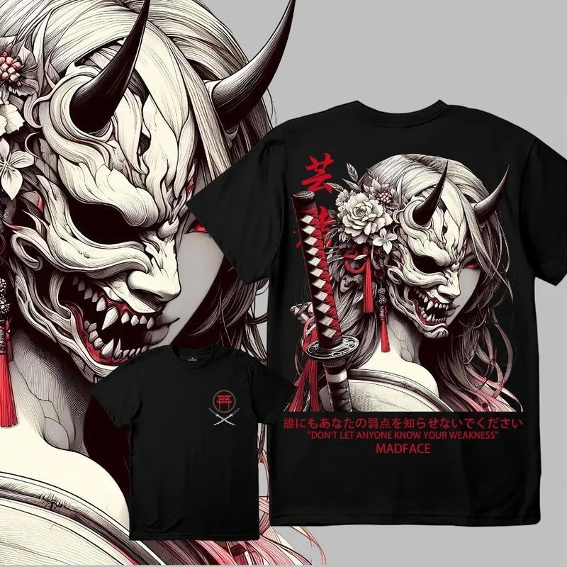 Edgy japanisches Oni-Geisha-Tattoo-T-Shirt mit Samurai-Schwert und rotem Blumendruck, 100 % Baumwolle, Herren-T-Shirt, Sommer-Freizeitkleidung – Detail 4