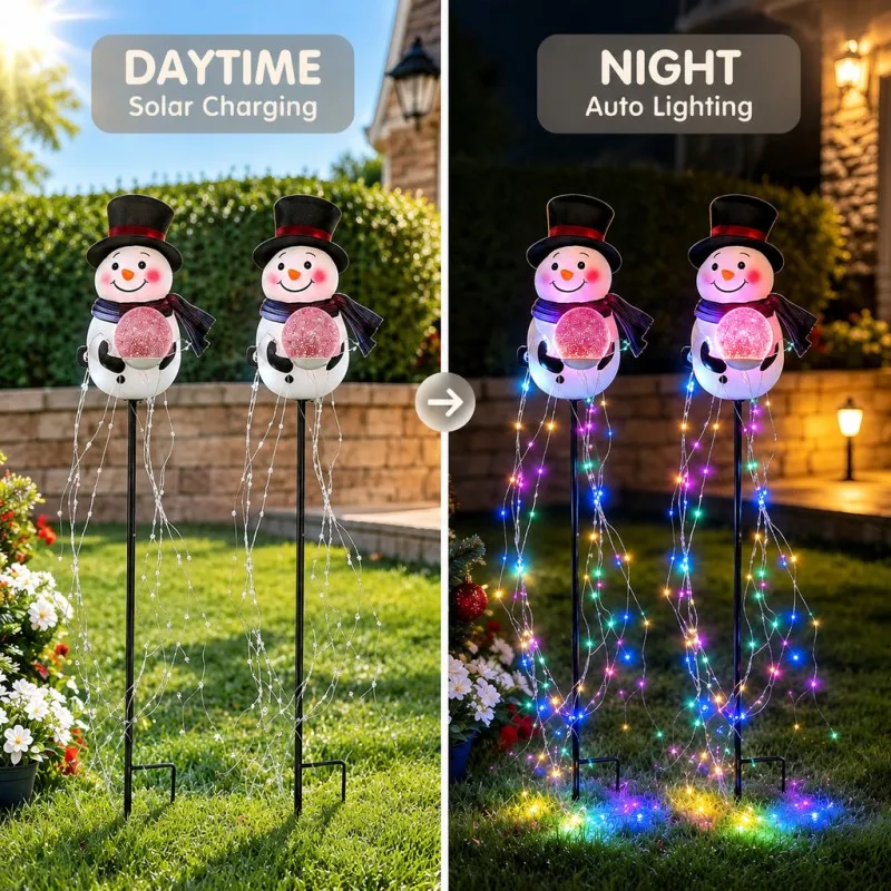 Solar Powered Snowman Holding Ball Ground Plug Light IP55 Waterproof Outdoor Garden Decorative Lighting
