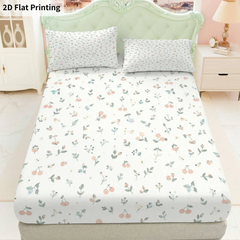 3Pcs Pastel Floral Fitted Sheet Three Piece Set (1*Fitted Sheet + 2*Pillowcases, Coreless), Bedding Set