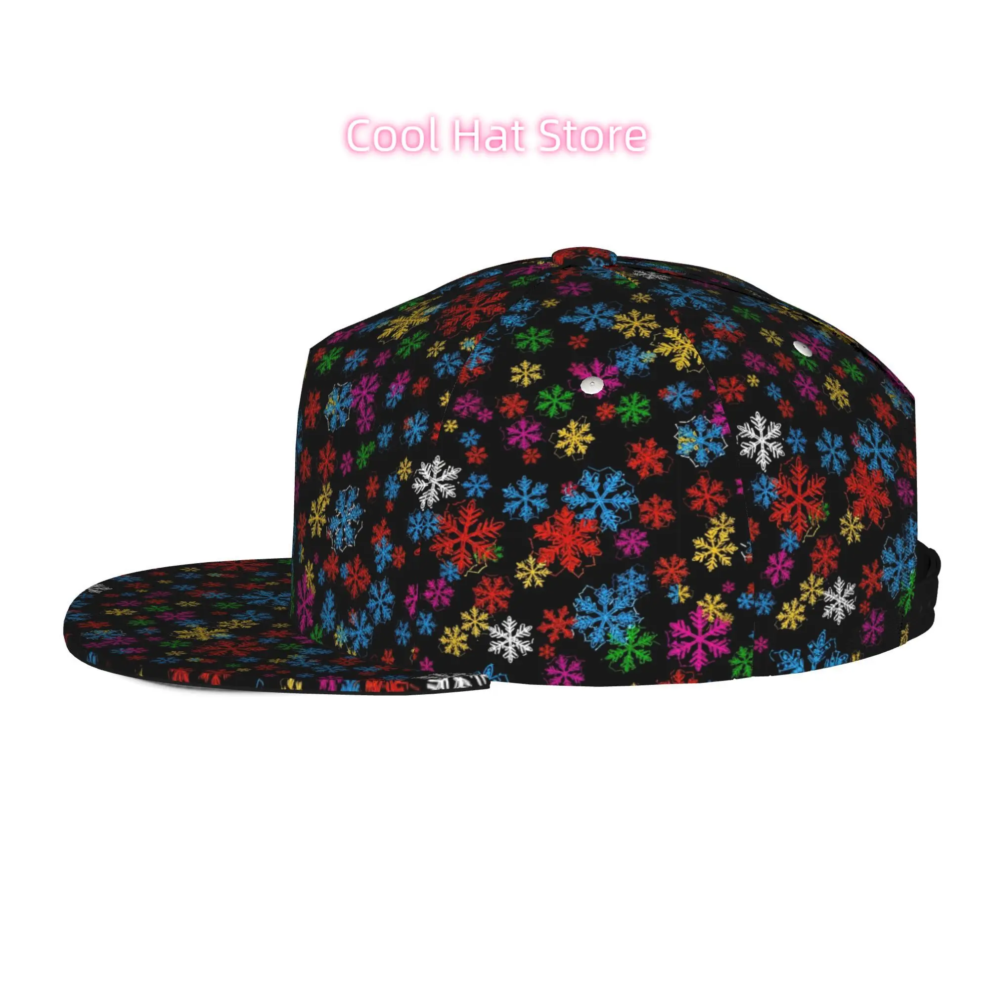 Men's & Women's Baseball Cap with Colorful Snowflake Pattern on Black - Adjustable Snap-On Brim, Flat-Top Design, Lightweight Su