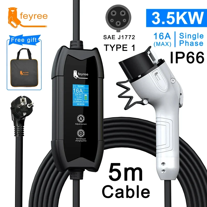 Fey123-Chargeur EV Type 2 pour Voiture Électrique, Câble de Charge de 5m, Boîte Murale de Type 1, 16A, 3,5 kW, GBT, J1772