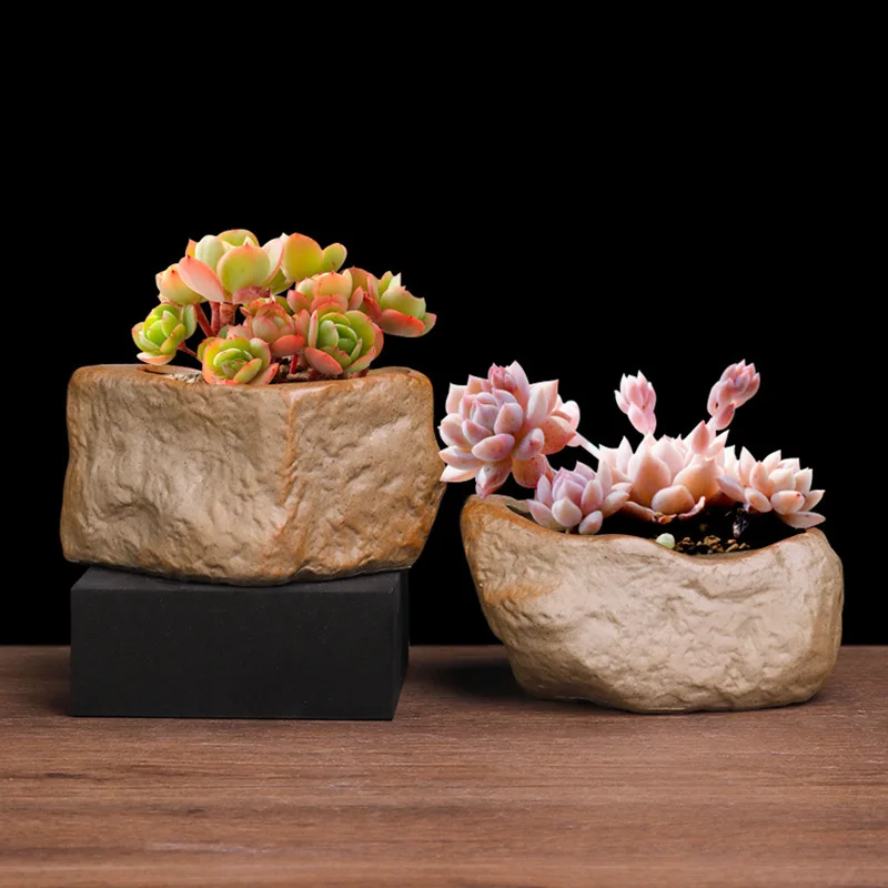 Ceramic Stone Shape Small Plants Pot Succulent Plant Flower Pot Bonsai Cactus Home Living Room Decor Pot for Plant Flowers