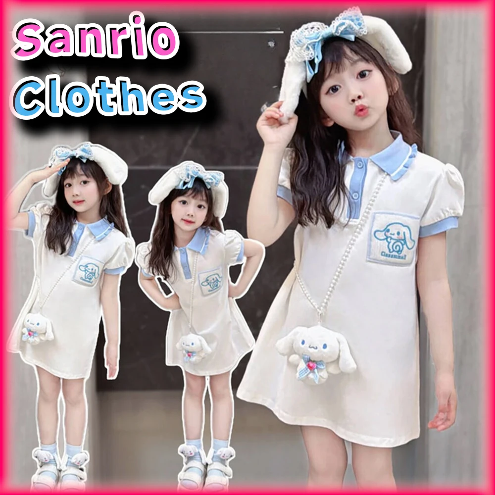 Kawaii Cinnamoroll Dress Sanrio Anime Clothes Kuromi My Melody Girls Cute Fashion Casual Summer Short-sleeves Dress