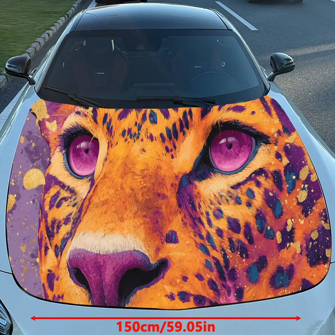Stunning Leopard with Vivid Purple Eyes PVC Car Engine Hood Vinyl Wraps, Self-Adhesive Waterproof Car Hood Decal Sticker, Car De