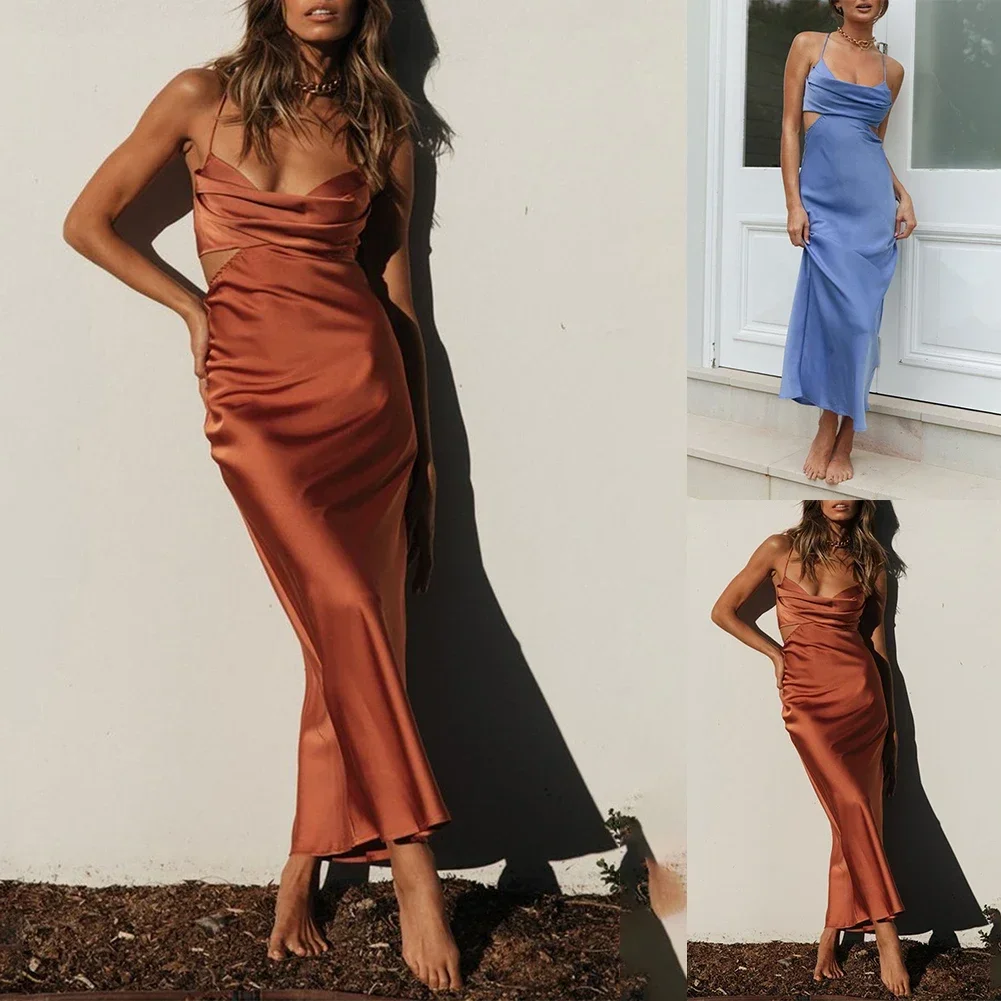 Slip Dress Women Dress Beach Daily Party Breathable Cocktail Party Cut-Out Female Long Low Cup Satin Slight Strech