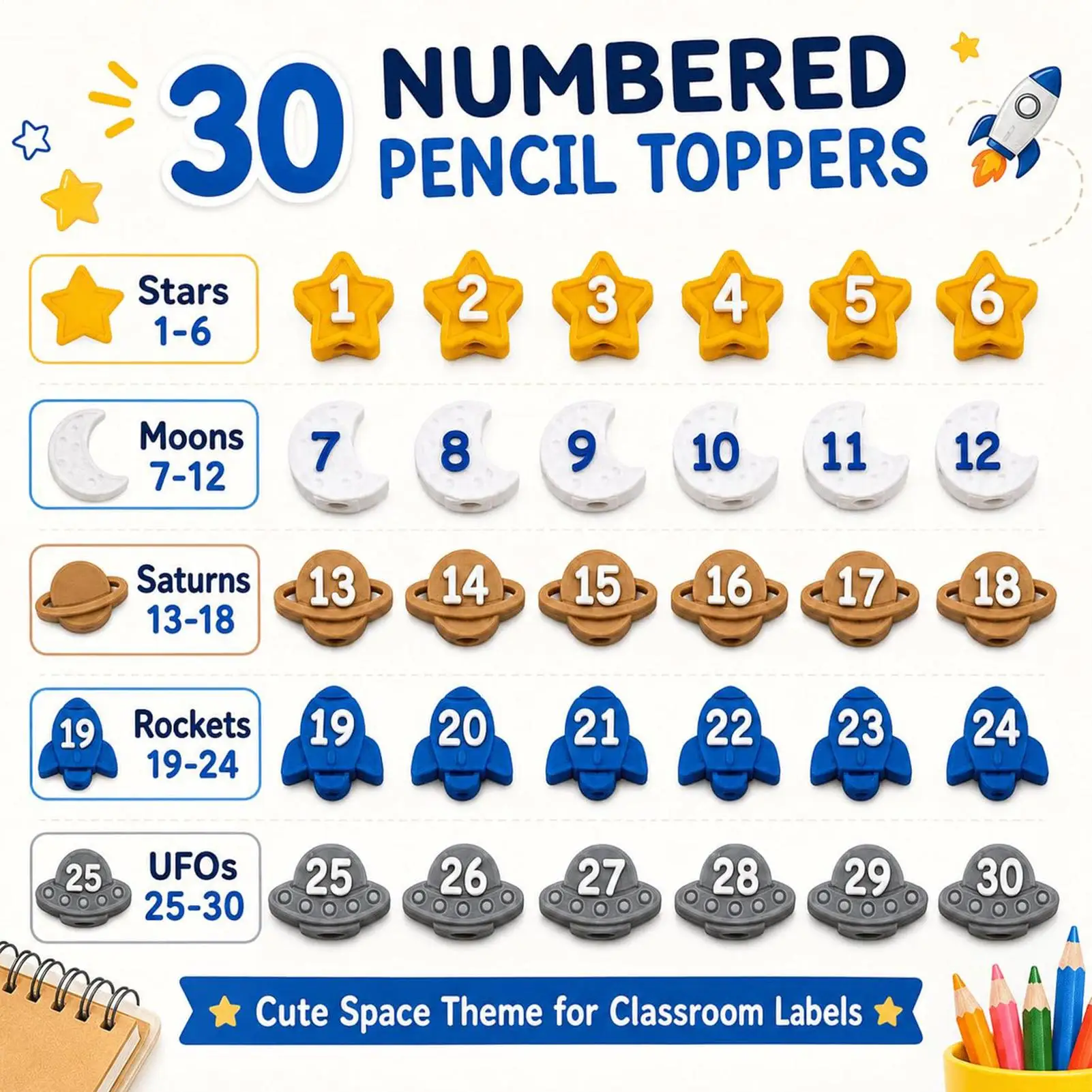 Pencil Caps Numbered 1-30 Colorful Reusable Labels Numbered Pencil Toppers Pencil Tracking Markers for Classroom Stationery