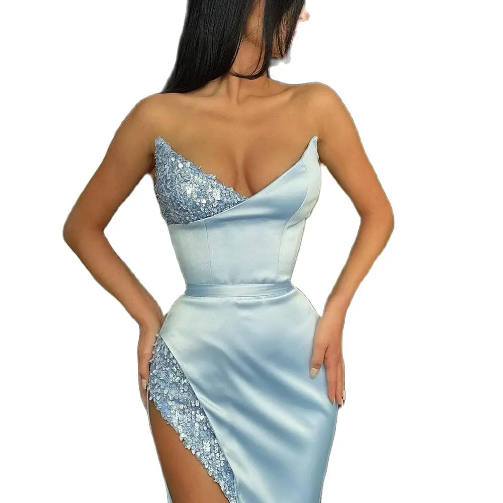 

Sky Blue Sexy Sequined Satin Side Split Mermaid Evening Dresses Exquisite Strapless Deep V-Neck Prom Gown robes de soirée