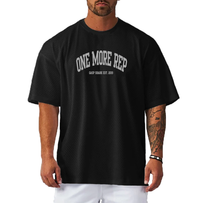 Oversized Loose Running T-Shirts Mens ONE MORE REP Gym Fitness Half Sleeve T Shirt Summer Big Mesh Quick Dry Sports Clothing