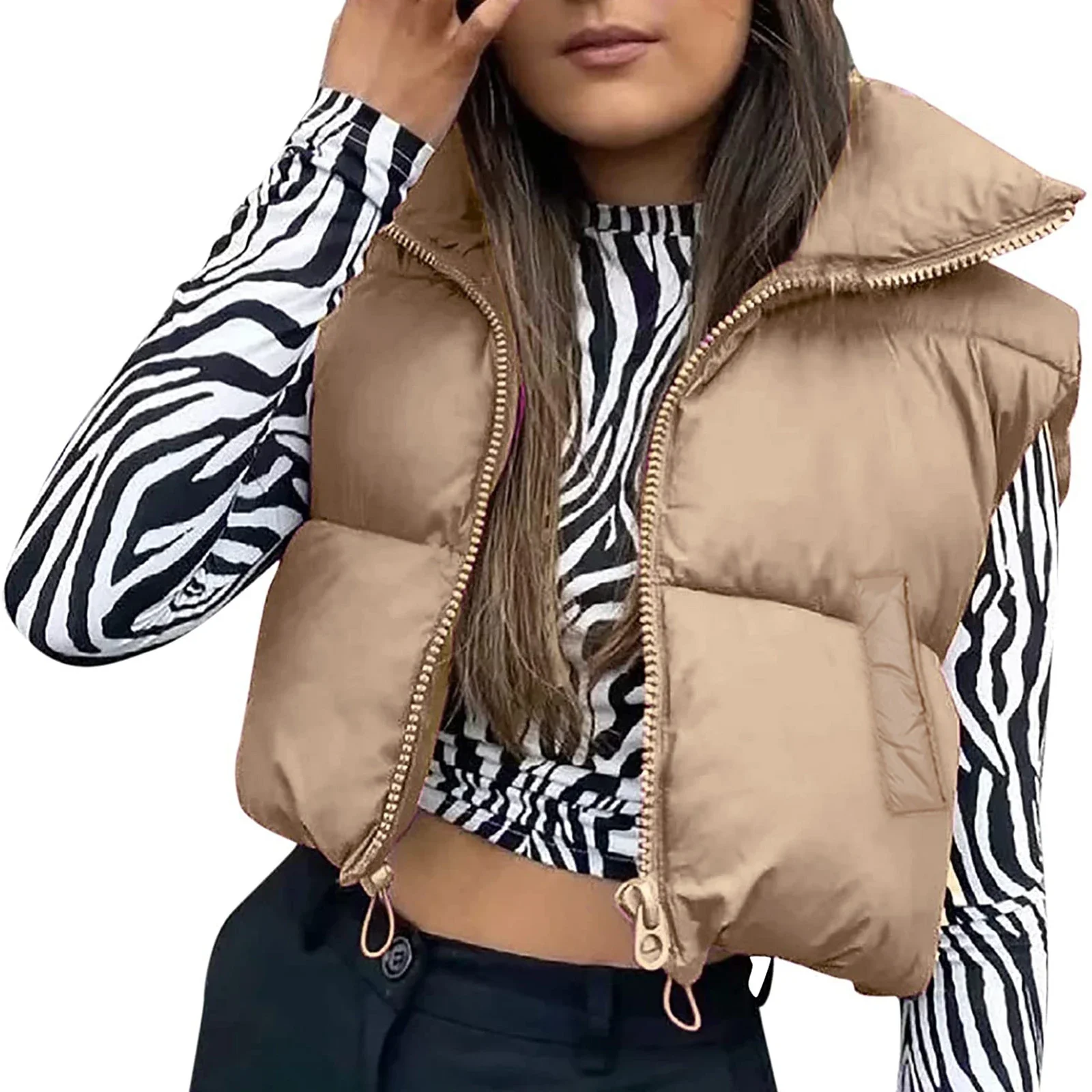 Fall Winter Warm Cropped Vest Jackets for Women Fashion Sleeveless Stand Collar Zip Up Puffer Waistcoat Street Style Outwear