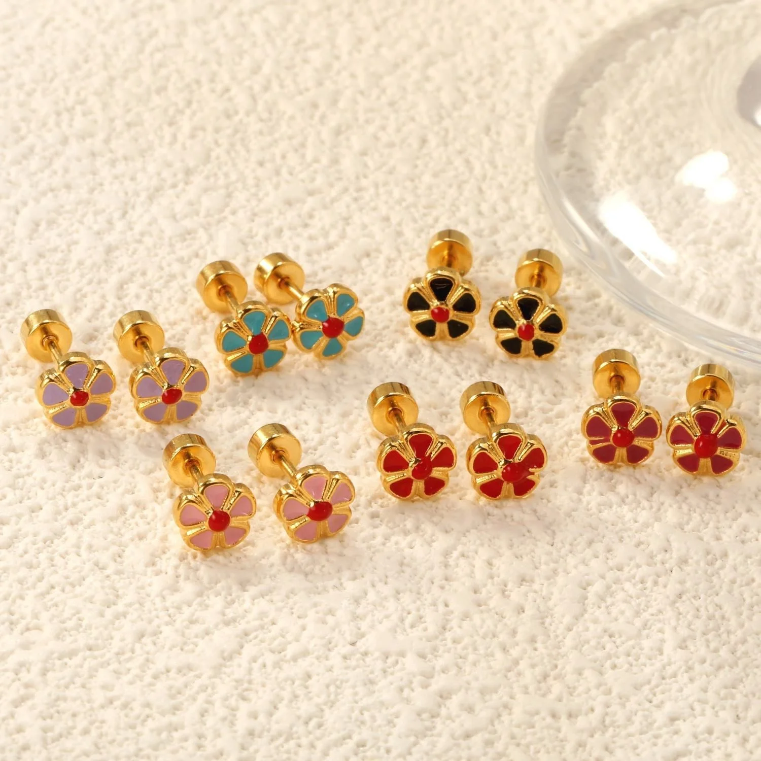12 Pairs/Box Stainless Steel Mixed Color Flower Stud Earrings Set for Women, Cute Earrings That Don’t Fade, Jewelry Wholesale