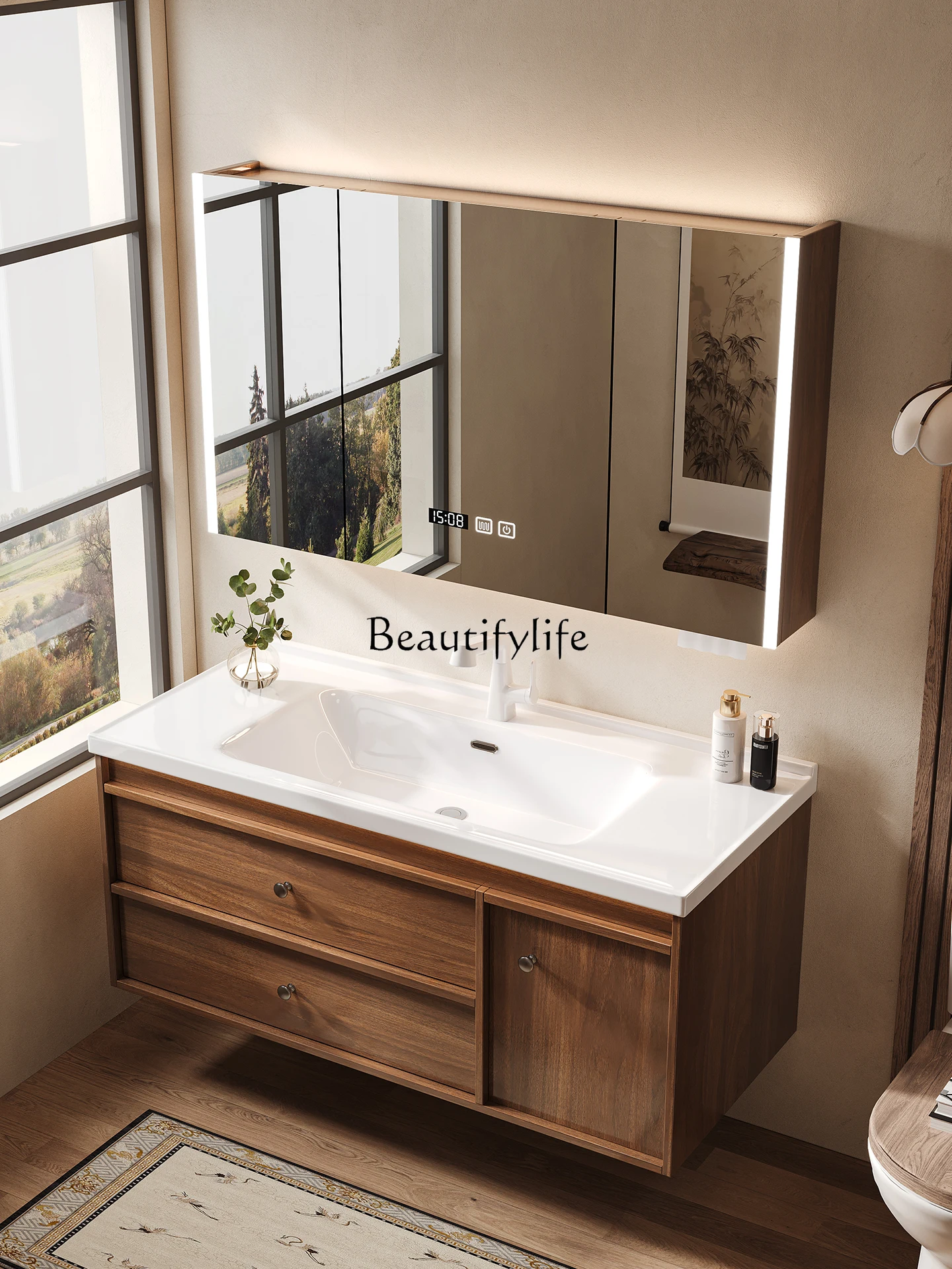 

French medieval walnut color new ceramic integrated basin bathroom cabinet combination bathroom washstand
