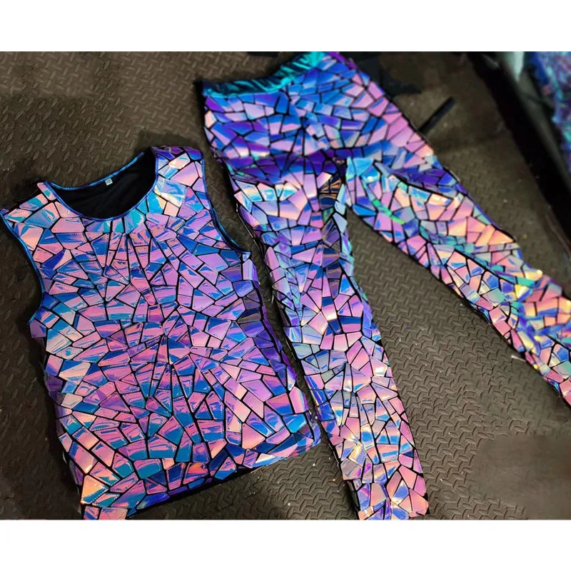 

Purple Blue Laser Mirror Sequins Vest Pants Jazz Dane 2 Piece Set Male Women Singer Dancer Bar Nightclub Stage Performance Wear