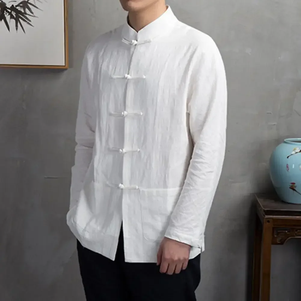 

Рубашка мужская с длинными рукавами, рубашка в китайском ретро стиле, с воротником, карманами и длинными рукавами, в традиционном китайском стиле