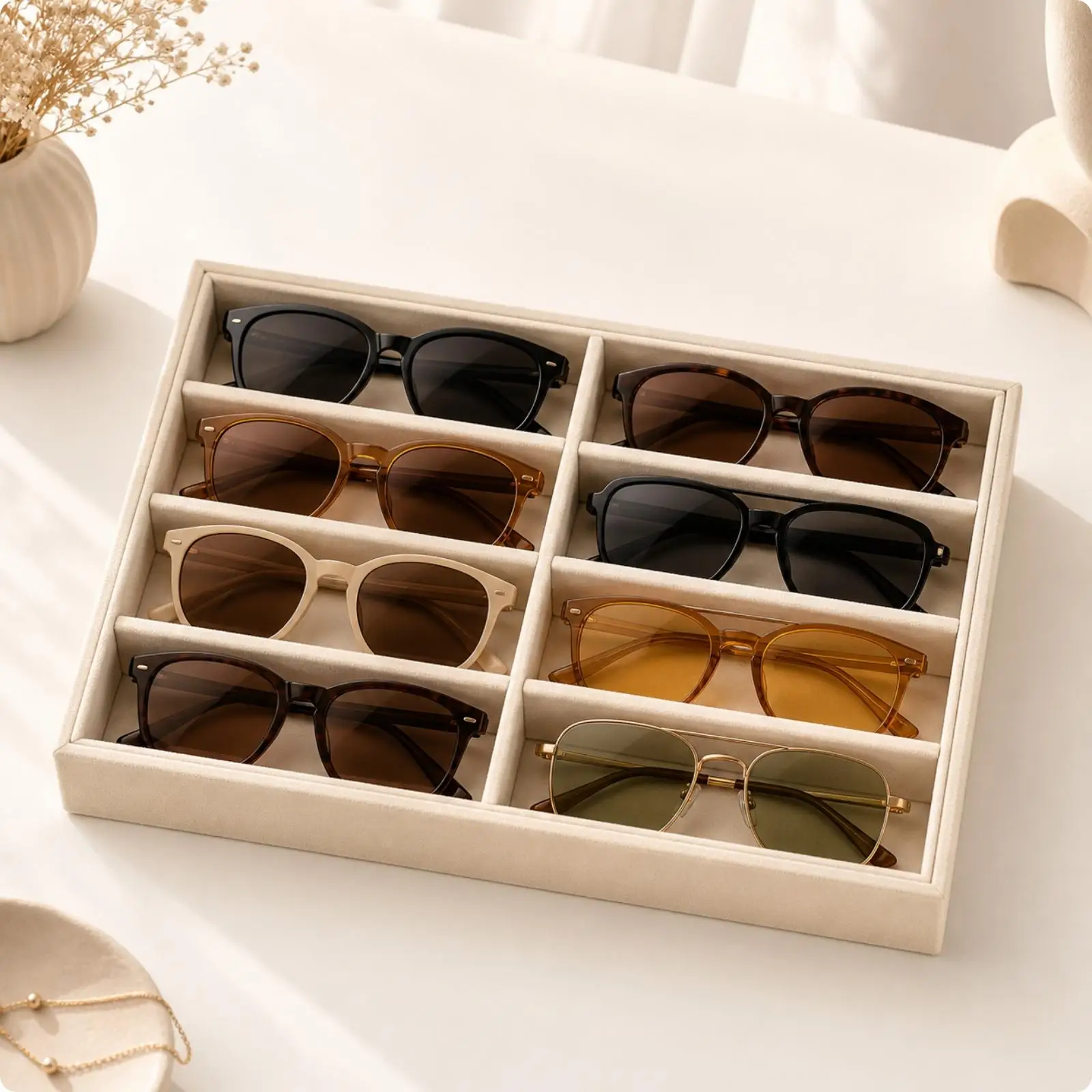 Glasses Storage Box Tray with Padded Dividers Microfiber Eyeglass Organizer for Multiple Sunglasses Display