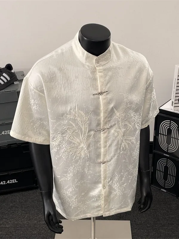 

New Chinese Sle Embroidered ort Sve Casual irt Men's Loose Fit Summer High End Feeling Zhongan Suit Stand Collar S...