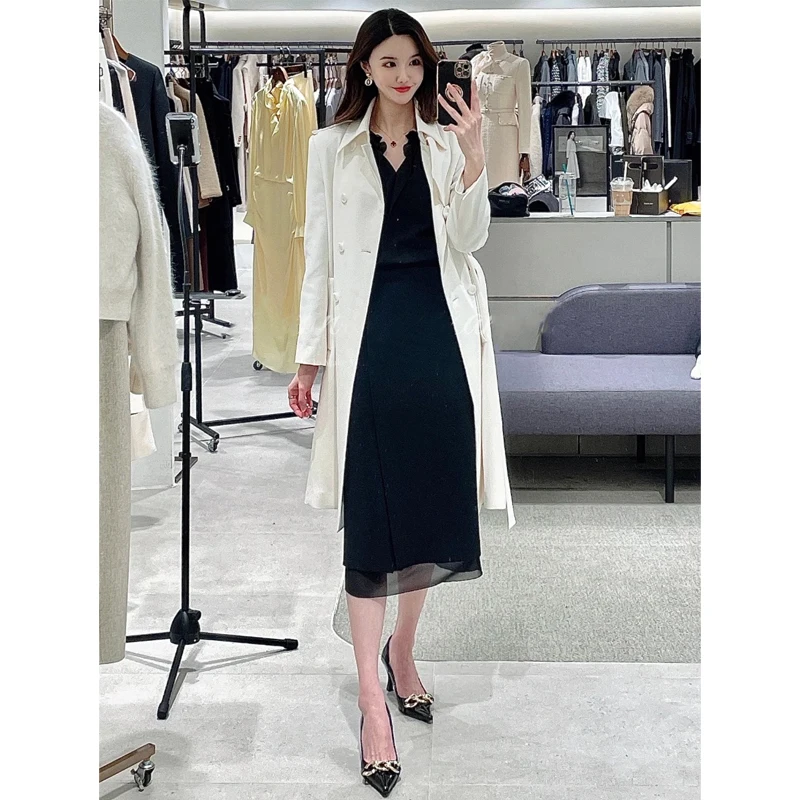 Ele Langer zweireihiger Damenmantel mit Gürtel, mittellanger Umlegekragen, Frühlingsfaion-Oberbekleidung in zwei Farben