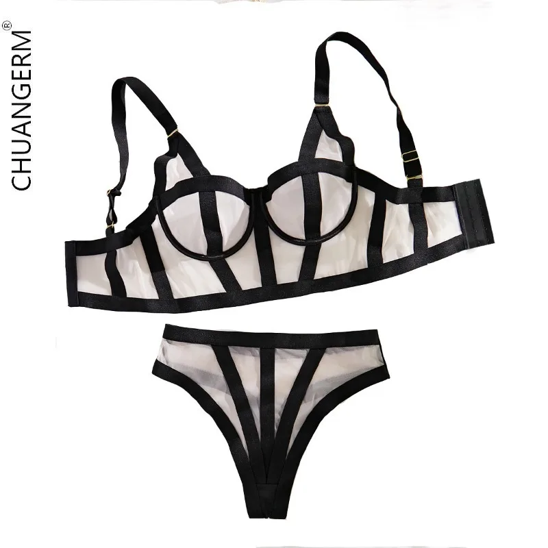 

CHUANGERM Perspective Women's Bra Bandage Mesh Female Underwear Secret Onlyfan Body Suit Sexy Lingerie Bras Panties Transparent