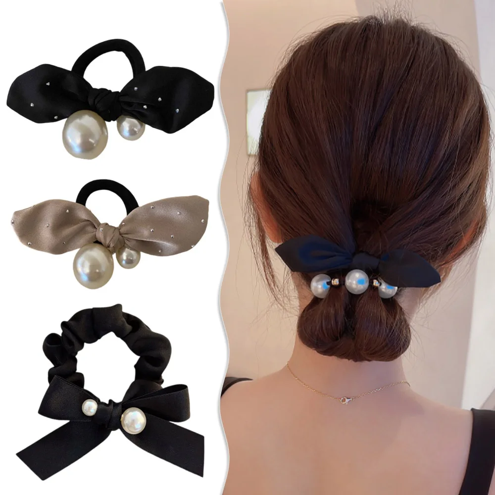 Fashion Imitation Pearl Rhinestone Bow Hair Rope Simple Rubber Band Hair Ties for Women Girls Ponytail Hairband Hair Accessories