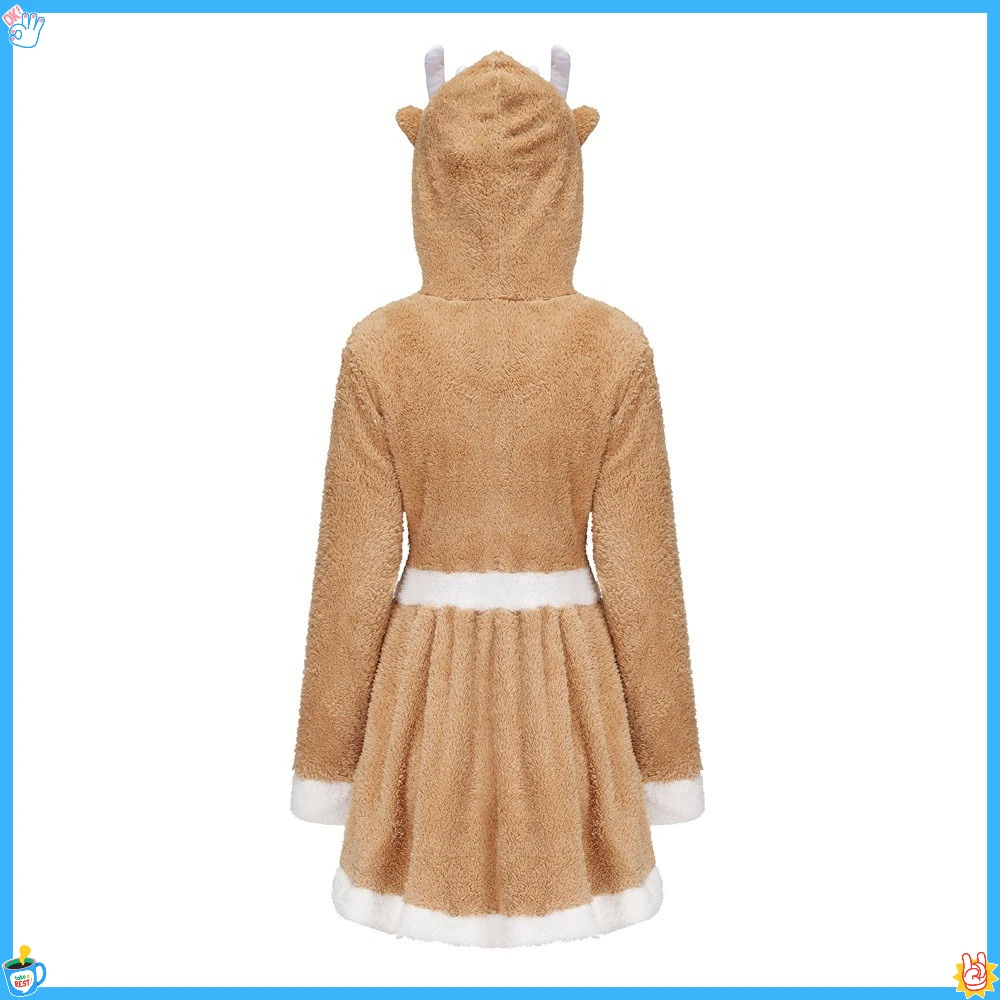 Disfraz de Navidad, Cosplay, bonito vestido de Animal de Reno, color caqui, alce, personalidad, pijamas sueltos de manga larga, falda con capucha de lana Coral