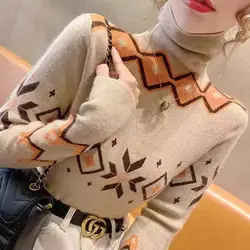 Donne coreano moda geometrica Jacquard collo alto maglioni lavorati a maglia di base autunno inverno elegante manica lunga Slim Pullover top