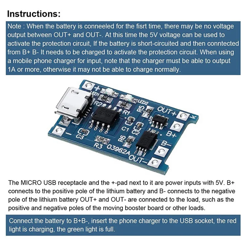 CABE-18PCS For TP4056 Charging Module With Battery Protection 18650 BMS 5V Micro-USB 1A Charge Board For 18650