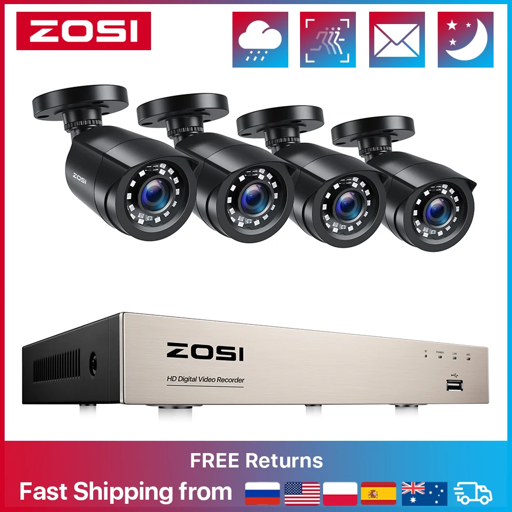 ZOSI-sistema de cámaras de seguridad para el hogar, Kit de videovigilancia TVI de 8 canales, 1080P, DVR con cable, visión nocturna, impermeable,