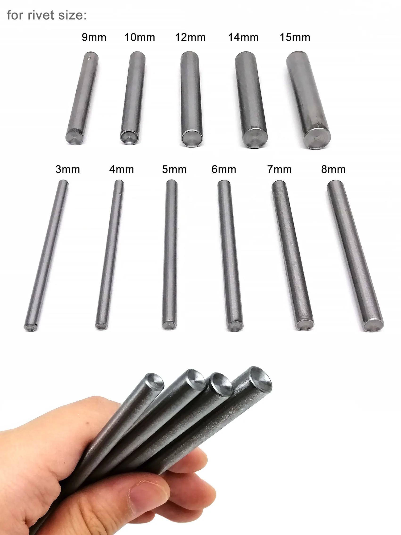 HZYUEGOU 45 # Stahl 3mm bis 15mm Durchmesser Doppel- und Einzelkopf-Seitenrundniet-Stanzwerkzeugstange für dekorative Nagelköpfe und Nieten – Detail 2