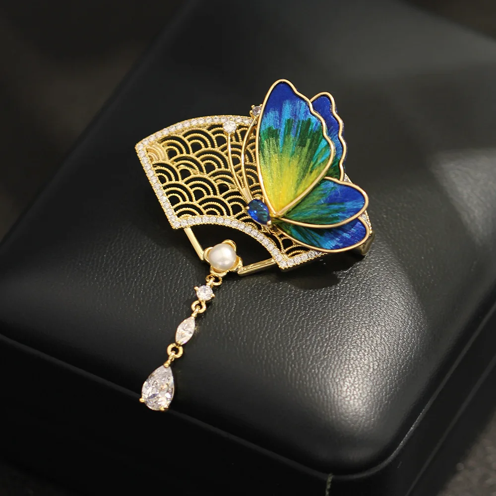 National Style Velvet Flower Butterfly Fan Brooch Elegant Freshwater Pearl Tassel  Dynamic and Vibrant Accessories Pins Gift