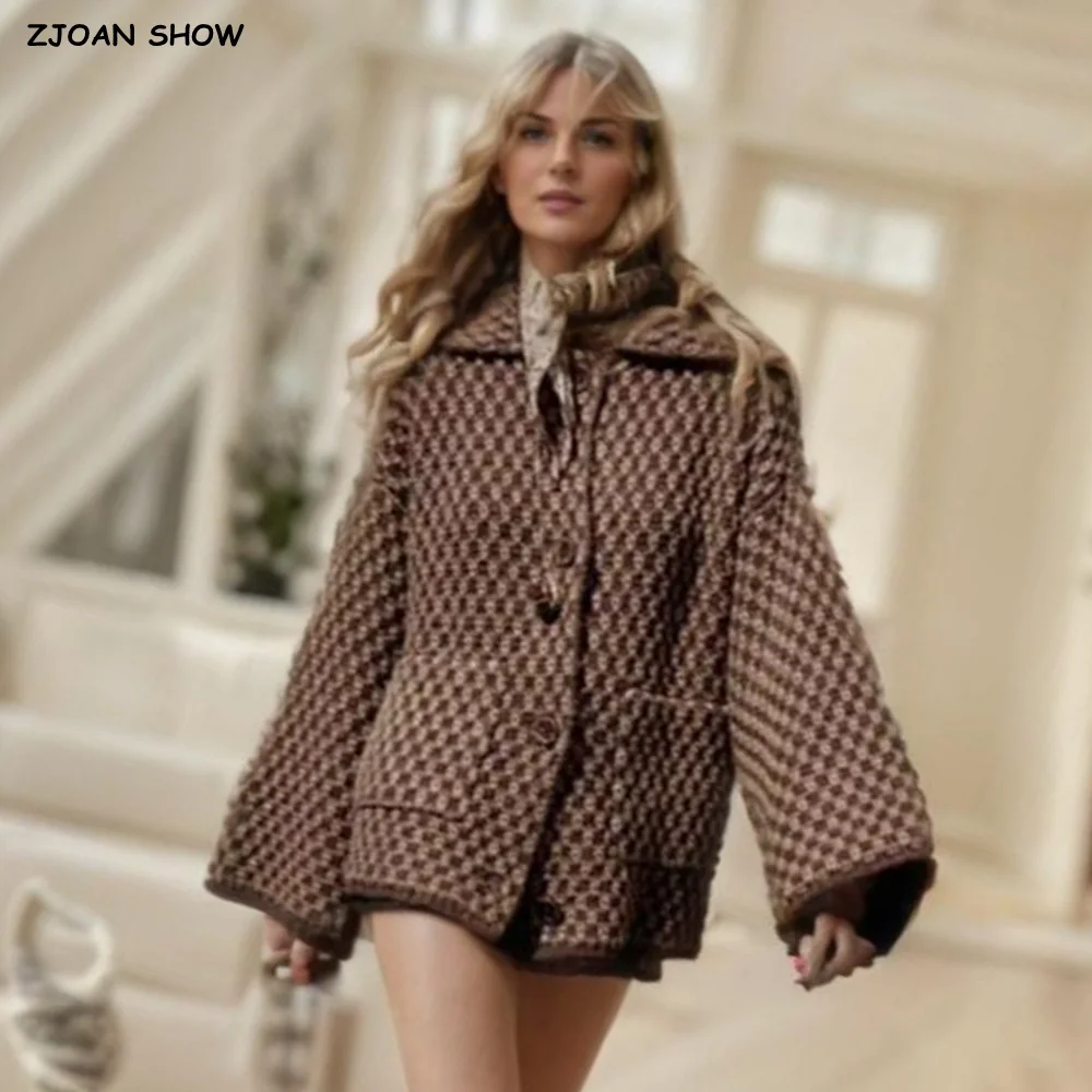 

New 2025 Vintage Geometric Plaid Knitted Oversize Cardigan Woman Lapel Pockets Long Flare Sleeve Sweater Jumper Loose Knitwear