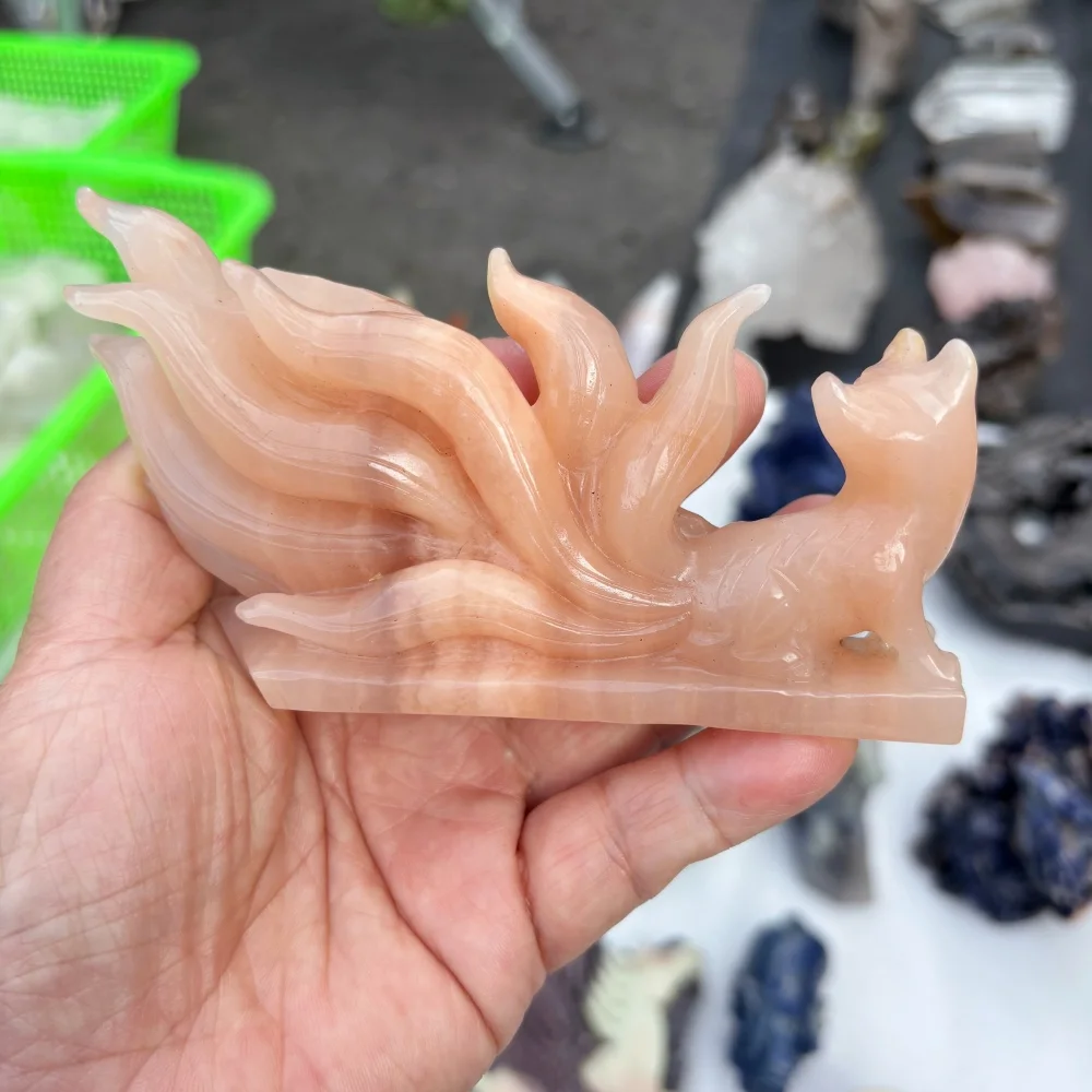 Natural Pink Orange Calcite Nine Tailed Fox Carving, Hand Carved Crystal Fox Figurine, Healing Crystal Statue, Home Decoration