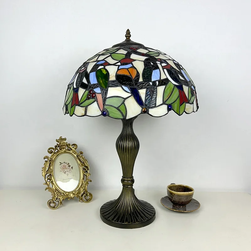 Tiffany Stained Glass Shade Double Bird Reading Table Lamp 16 Inch Mediterranean LED AC Powered E26 for Living Room