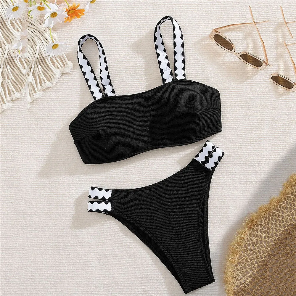

Black Ribbed Bandeau Bikinis Sets Sexy Swimsuit Women 2026 Wide Straps Ladies Swimwear Swimming Bathing Suit Bikinis De Mujer