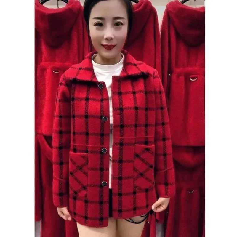 

Spring Autumn Lady Casual Plaid Blend Jacket Korean Female Large Size 5XL Wool Coat 2025 Middle Aged Mother Fashion Woolen Tops