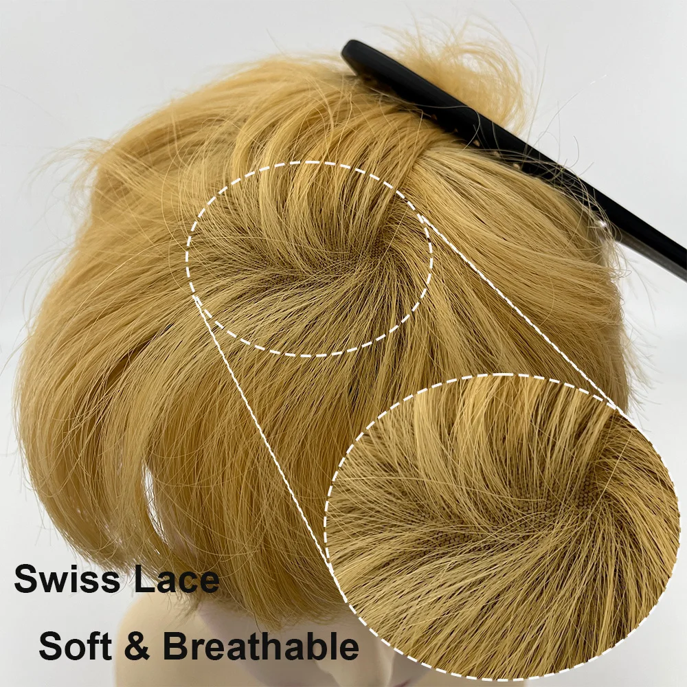 شعر مستعار بشري قصير بقص عابث # 27 تاج قاعدة من الحرير الأشقر العسلي، مموج طبيعي، دانتيل سويسري رفيع، أمامي مسامي لأسلوب النساء