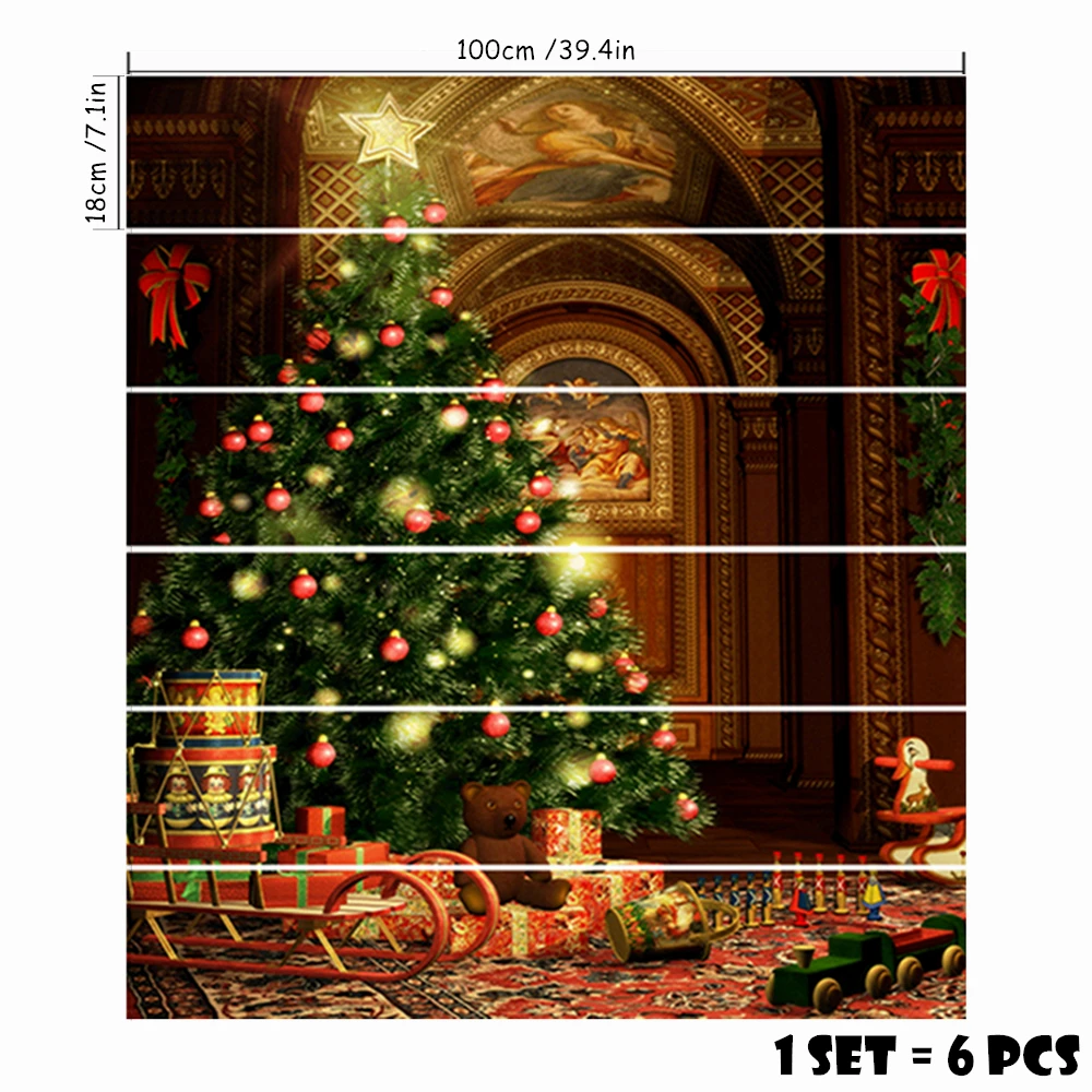 Christmas Stair Riser Stickers Peel & Stick 6Pcs 100x18cm Vintage Palace Xmas Tree Waterproof Vinyl Indoor Winter DIY Home Decor
