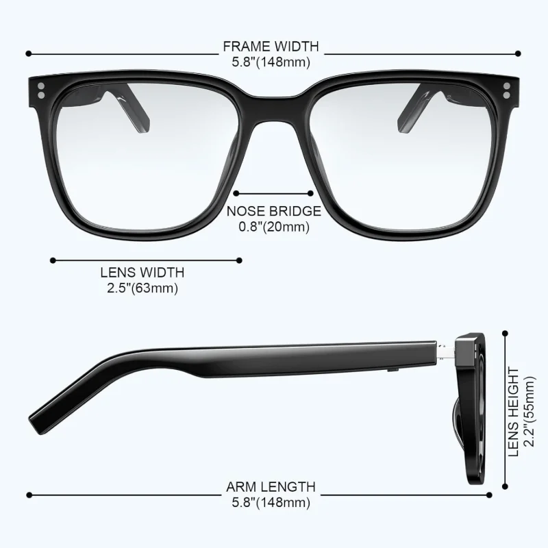 AI smart glasses with built-in translation for over 100 languages; transparent, blue-light-blocking, wireless glasses; magnetic clip-on glasses; translation controlled via an app; built-in speakers; 360 °   stereo sound