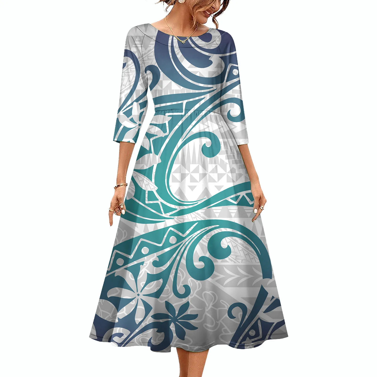 New Design wholesal Polynesian Elei Tribal Design Custom Personality Fashion Women Long-Sleeved Pleated Dress