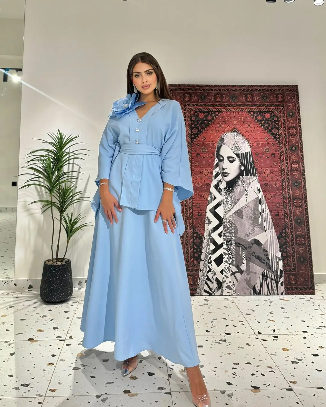 

Customized Long Sleeves Prom Dresses Pleated Flowers Evening Dresses Ankle Length Back Zipper Party Dresses vestidos de fiesta