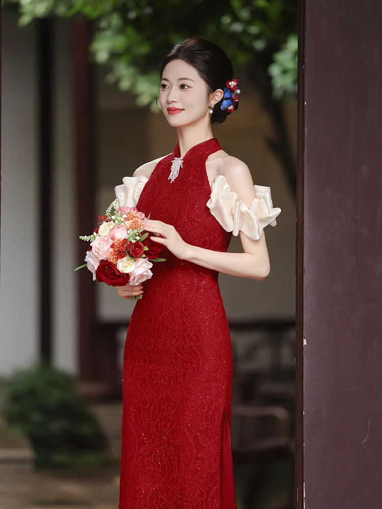 

Красное вино: Новое облегающее свадебное платье для невесты маленького размера, с юбкой, в китайском стиле, на заказ