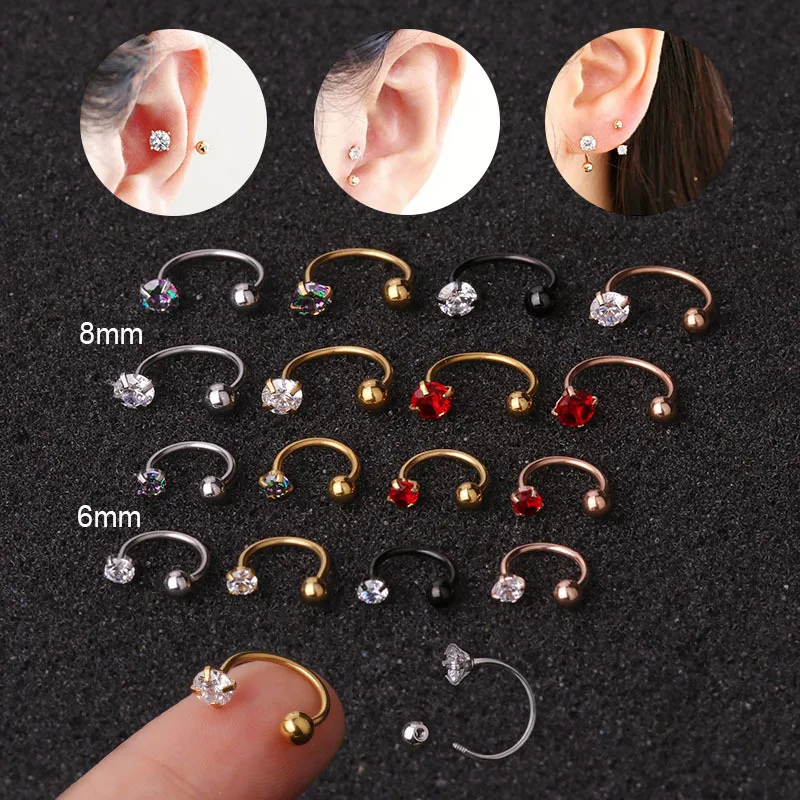 20G CZ Gem Horseshoe Nose Ring, Internally Threaded Solid Hypoallergenic Stainless Steel Cubic Zircon Horseshoe Nose Hoop