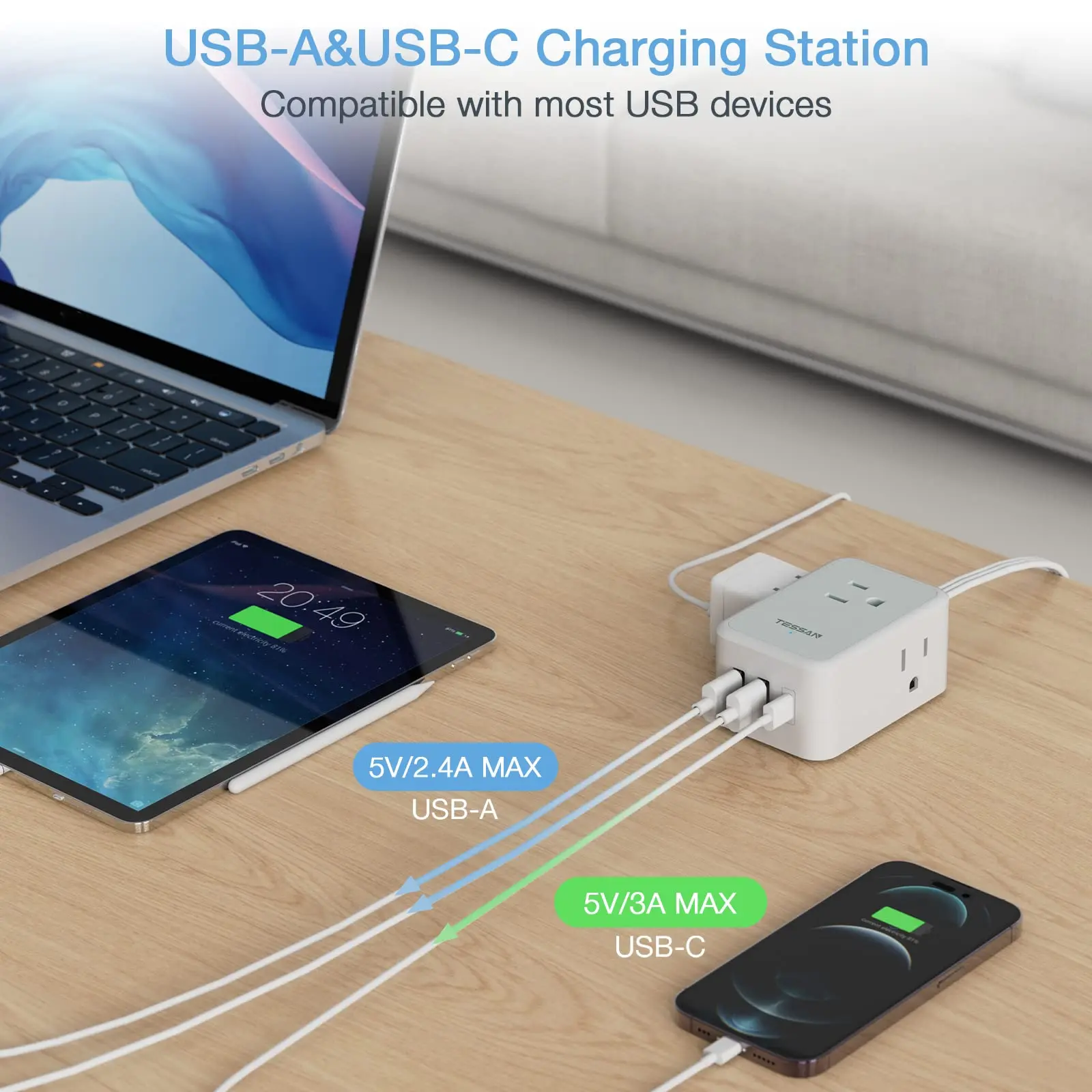 TESSAN Small Flat Plug Power Strip with 3 AC Outlets & 3 USB (1 USB C), 5ft/10ft Ultra Thin Flat Extension Cord for Travel Home