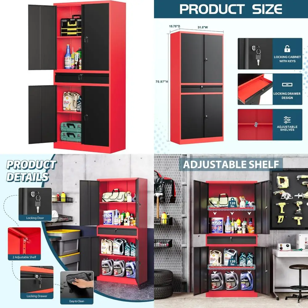 

Красный высокий металлический шкаф для хранения с ящиками и 4-дверными запирающимися полками для использования в гараже и в подвале